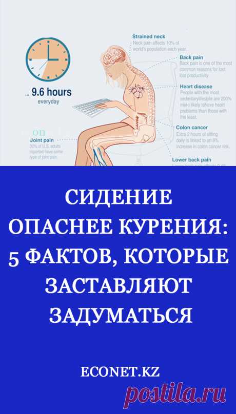 Сидение опаснее курения: 5 фактов, которые заставляют задуматься

Ведущие медицинские эксперты уверены, что длительное сидение способно нанести гораздо больше вреда, чем даже курение. Ухудшение самочувствия грозит всем «стулоголикам», независимо от возраста, пола или расовой принадлежности. Положение сидя ухудшает здоровье намного сильнее, чем стоя или лежа.