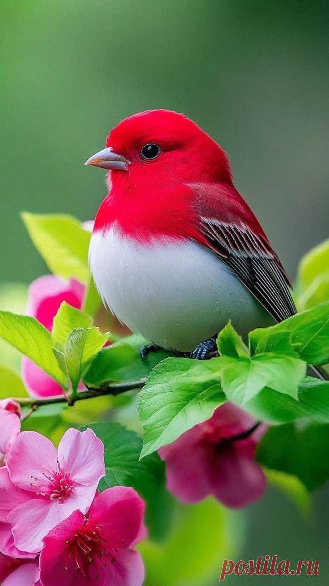 a red and white bird is sitting on a branch with pink flowers