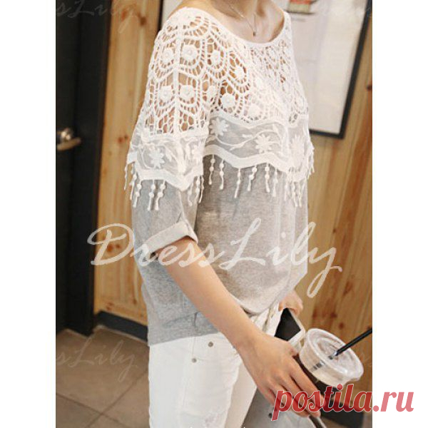 Lace Cutout Shirt Women Handmade Crochet Cape Collar Batwing Sleeve T-shirt, GRAY, ONE SIZE in Tees & T-Shirts | DressLily.com