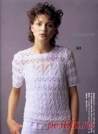 Белый пуловер ажурным узором спицами. Связать джемпер с короткими рукавами |