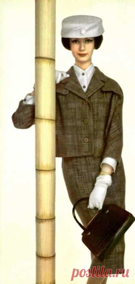 Simone d’Aillencourt is wearing a suit by Lucile Manguin and a bag by Hermès, 1958