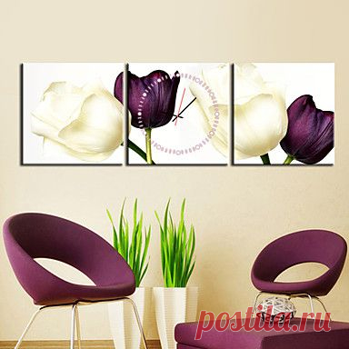 Часы настенные аналоговые из 3 полотен с изображением тюльпанов - EUR € 49.49