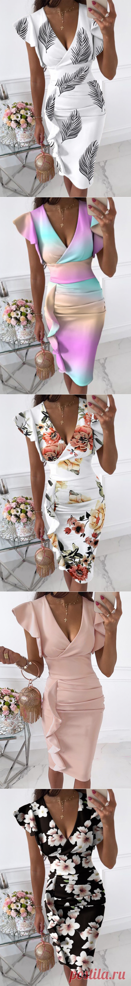 Fashion Elegant Solid Flounce Fold V Neck Wrapped Bodycon Dresses - Cicicloth