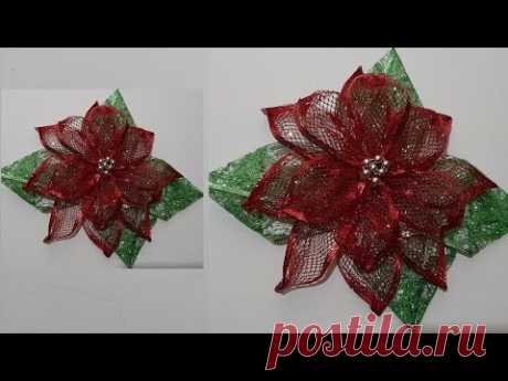 Flor navideña de cinta - nochebuena fácil - bella y decorativa nochebuena.