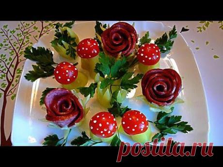 Украшения из помидоров, перца и колбасы. Decoration of tomato, pepper, sausage