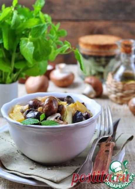 Жареные утиные желудки с луком-пореем и грибами - кулинарный рецепт