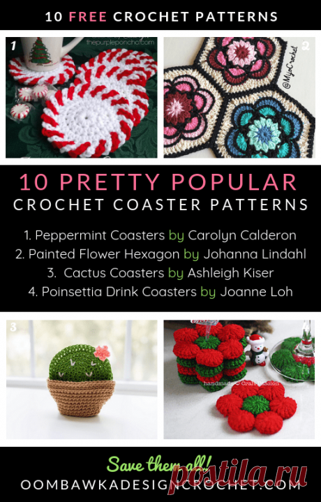 Get Ready for Company with these 10 Pretty Popular Crochet Coaster Patterns Get ready for company with these 10 pretty popular crochet coaster patterns! This free crochet pattern roundup includes coaster patterns for the holidays, modern decor and on-trend cactus coasters to make and give as pretty gifts. You will find beginner friendly pattern options listed too.