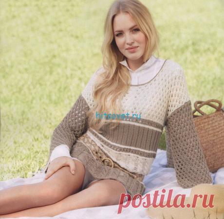 Вязание туники с косами и ажуром - Хитсовет Вязание туники с косами и ажуром. Для вязания туники Вам потребуется: пряжа Schachenmayr select «Violena» (50% хлопок, 50% модал, 100 м/50 г): 450 (500) г бежевого цвета № 01604 и 250 (300) г натурального белого цвета № 01625; прямые спицы № 4, круговые спицы № 4 длиной 40 см.