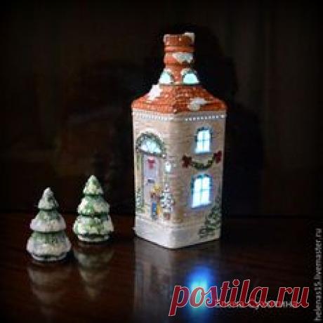 Купить Домик рождественский винтажный бутылка-светильник 3D декупаж - дом, домик, рождество