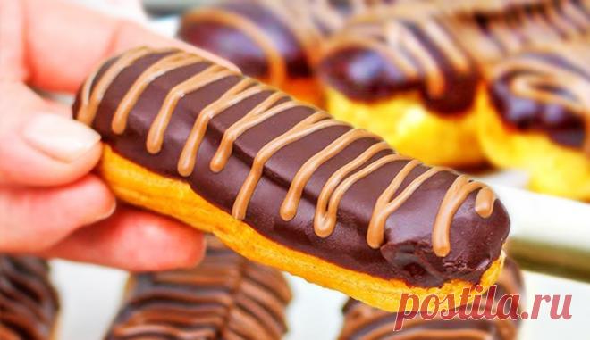 Эклеры с заварным кремом и шоколадной глазурью