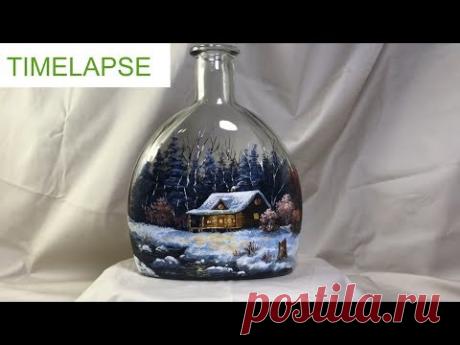 Winter Landscape Step by Step Vitrail Painting on Bottle - TIMELAPSE version