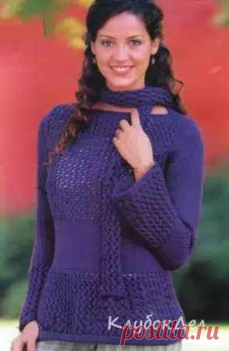 Женский джемпер и шарф цвета кобальт | Вязание крючком и спицами