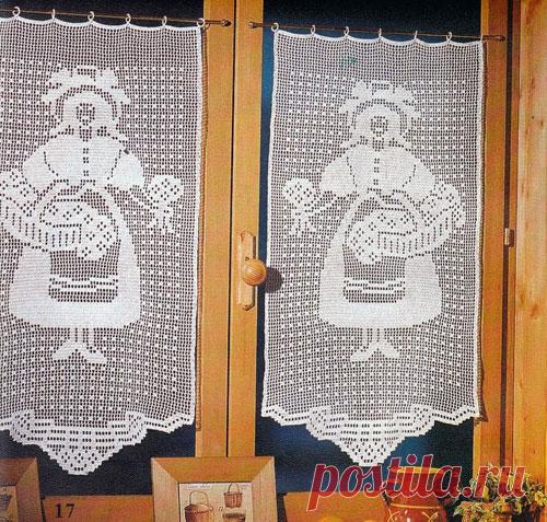 Филейная занавеска крючком «Цветочница» Схема вязания крючком занавески «Цветочница. Филейная техника