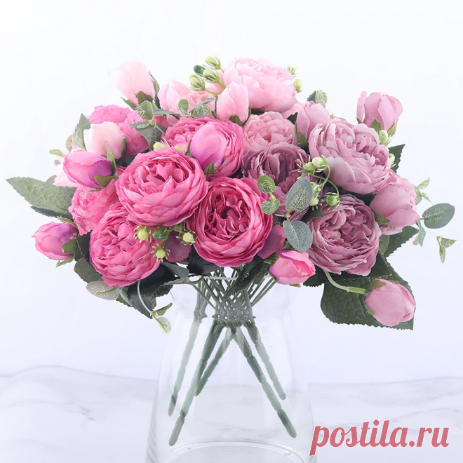 Розовые шелковые искусственные пионы, букет высотой 30 см из 5 больших цветков и 4 закрытых бутонов, недорогие искусственные цветы.