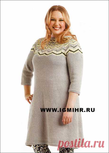 Для пышечек! Платье с круглой кокеткой, от финских дизайнеров. Спицы.