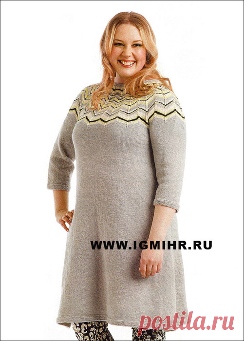 Для пышечек! Платье с круглой кокеткой, от финских дизайнеров. Спицы.