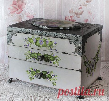 Купить Мини комодик " Девочка с фиалками" - комодик, мини комодик декупаж, Роспись по дереву