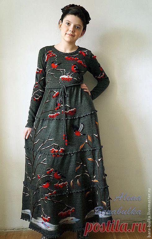 Платье Московские снегири - тёмно-серый,рисунок,снегири,платье длинное