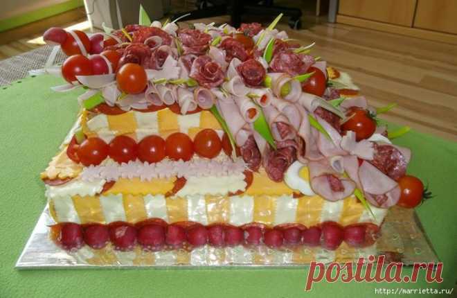 Свадебный закусочный торт. Как сделать розы из ветчины и колбасы. Мастер-класс и море тортов