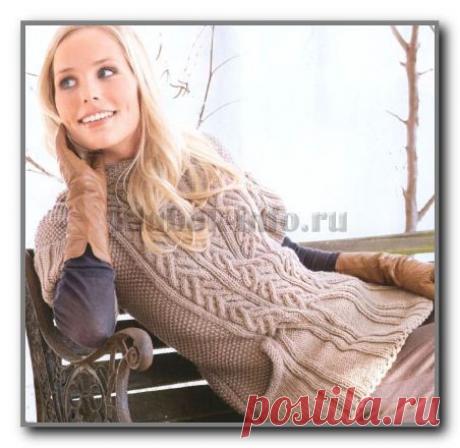 Вязание спицами. Безрукавка с капюшоном, карманами и узором Косы