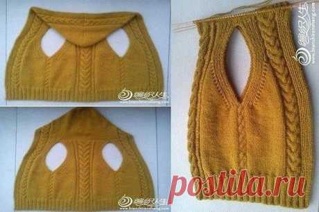 Запись на стене Жилет с капюшоном единым полотном. Спицы.