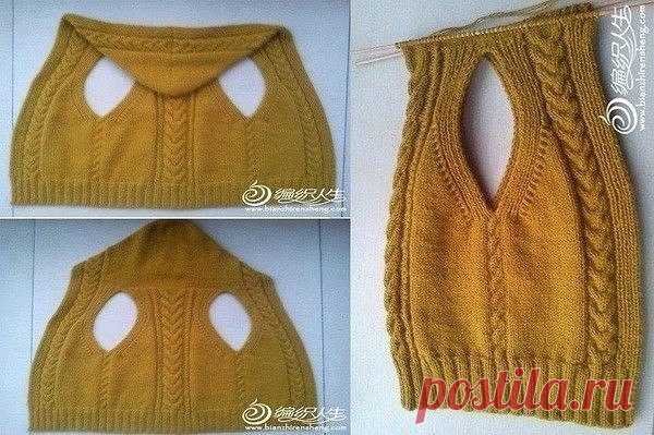 Запись на стене Жилет с капюшоном единым полотном. Спицы.