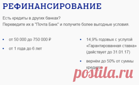 «Почта Банк» — потребительские кредиты и кредиты наличными, без поручителей. Калькулятор кредита наличными.