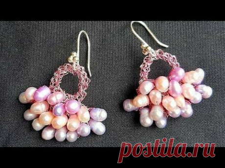 Aretes tejidos a crochet con hilos de cobre y perlas de río  2020