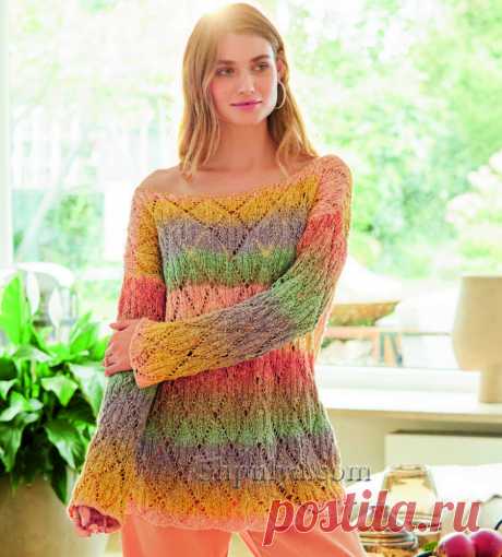 Богатая цветовая гамма пуловера – от ванильного и фиолетового до терракотового – создает по-настоящему весеннее настроение. Здесь используется практичная пряжа секционного крашения, поэтому вам не придется заботиться о смене цветов и можно сосредоточиться только на ажурных ромбах.