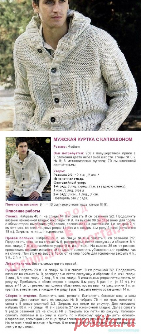 Красивое вязание | Мужская куртка с капюшоном спицами