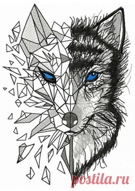 Mosaic wolf embroidery design Sizes: 104 × 149 mm, 111 × 159 mm, 118 × 169 mm, 125 × 179 mm, 132 × 189 mm. Formats: Bernina(art, exp), Brother(pec, pes, phc), Janome(jef, jef+), Melco(exp), Husqvarna/PFAFF(vip, vp3),  Tajima/Barudan(dst, dsb), Husqvarna(hus, shv), Singer(xxx).