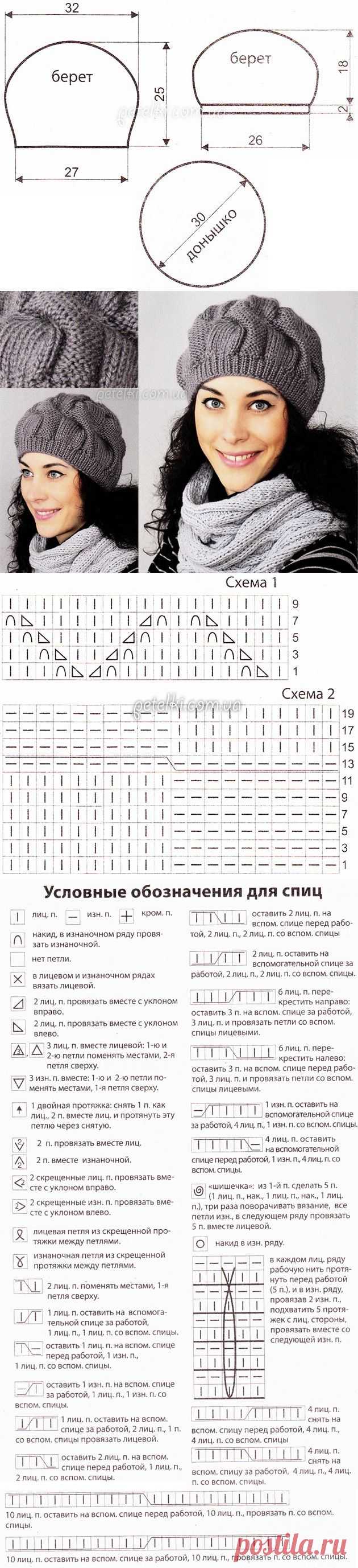 Хорошенький берет спицами. Описание, схемы