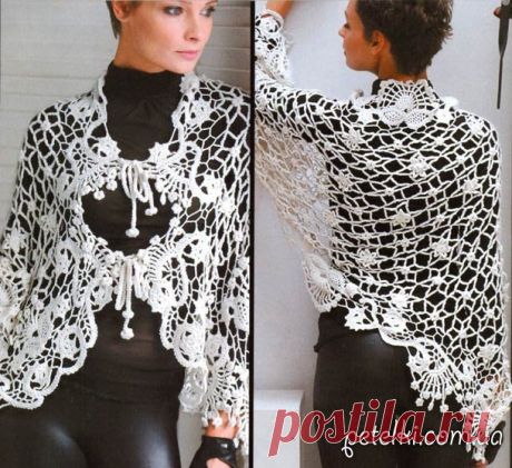 Пончо - палантин - болеро из мотивов Морозные Узоры. Схемы, описание Представляем вам оригинальную модель, которая может послужить и палантином, и пончо и болеро. А всё благодаря своей прямоугольной форме с закругленными краями и шнурам, с помощью которых можно по-разному сформировать готовое изделие. &nbsp; Модель вяжется крючком из фрагментов и получается