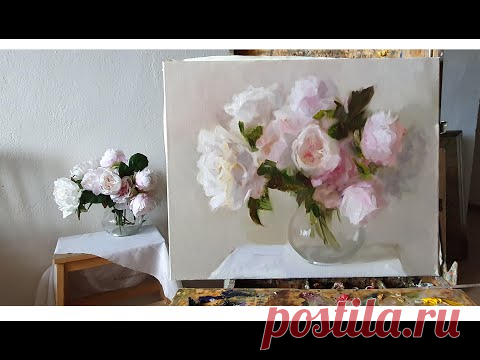 Как написать пионы. Работа на цветовых нюансах. Живопись маслом.