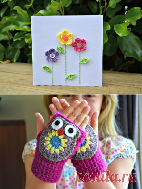 Крючком связать сову и цветы.