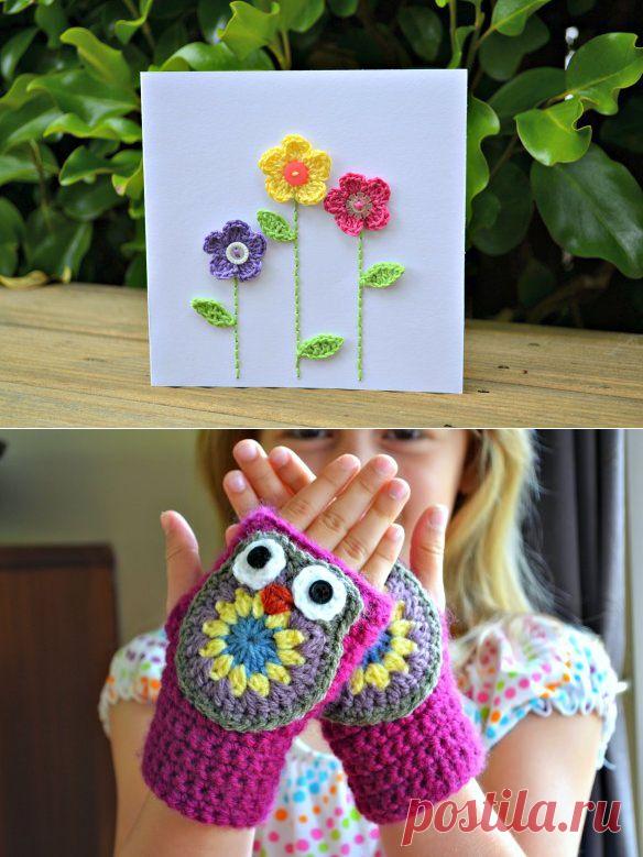 Крючком связать сову и цветы.