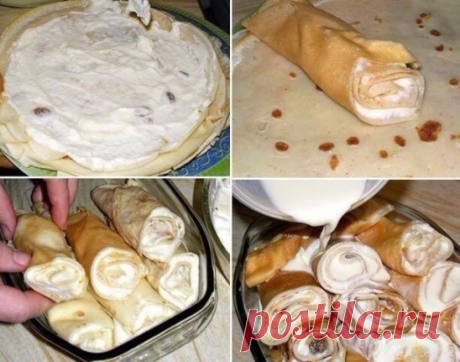 Творожные блинчики по-австрийски 
 
Для теста 
125 г муки 
Щепотка соли 
2 яйца 
Стакан молока 
1 ст л растительного масла 
1 ч л ванильного сахара 
 
Для начинки 
50 г сливочного масла комнатной температуры 
50 г сахара 
250 г слоистого сыра (я заменила на 150 г сливочного сыра+100 г мягкого творога) 
5 ст л сметаны (добавляла 3 ст л) 
75 г изюма 
3 белка 
2 желтка 
 
Для заливки 
Пол стакана молока 
1 желток 
1 ч л сахара 
Для обсыпки 
2 ст л сахара 
Пол ч.л корицы 
 
Вс...