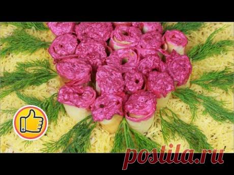 Салат с Блинами, Курицей и Грибами "Букет Роз" ко Дню Валентина | Salad for Valentine's Day