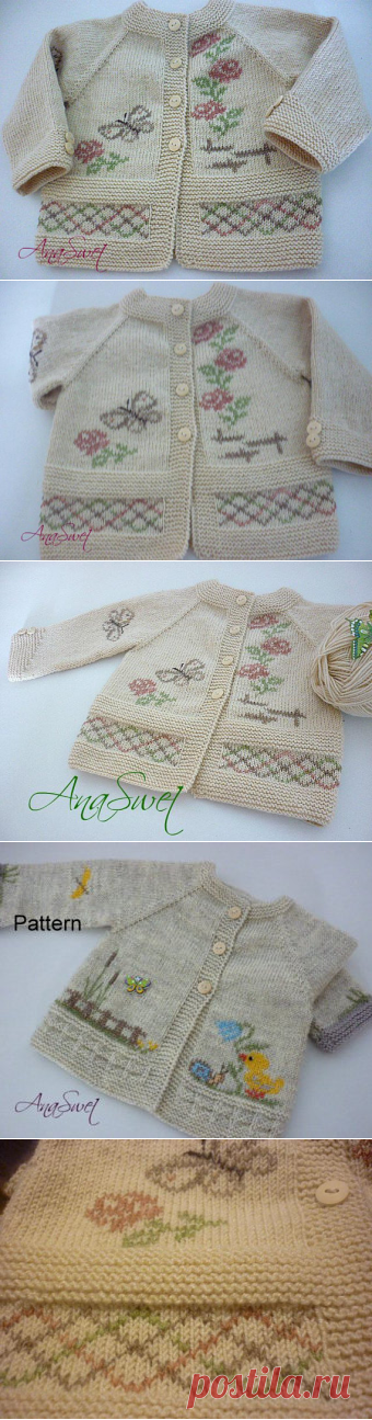 Hand knit baby cardigan with flowers and butterflies.Baby