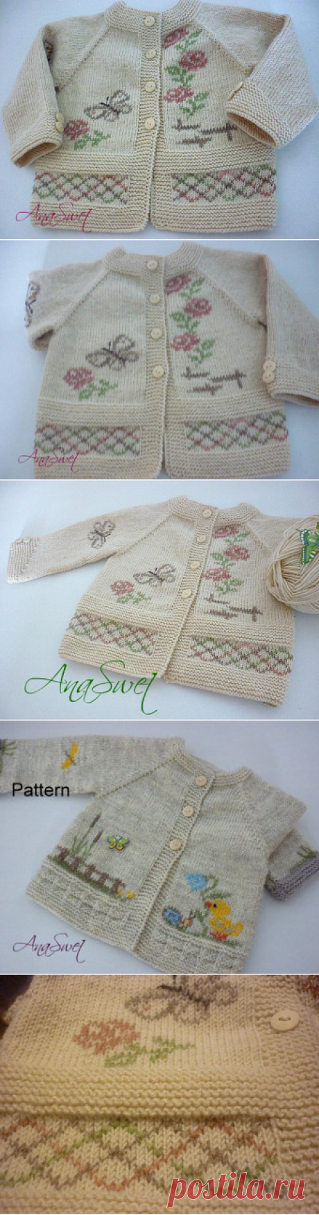 Hand knit baby cardigan with flowers and butterflies.Baby
