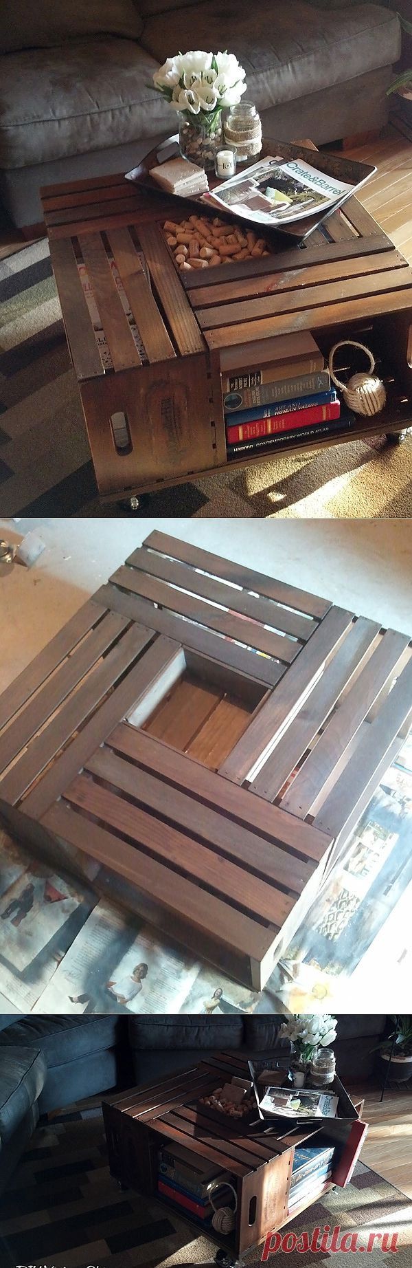 Винтажный журнальный столик из деревянных ящиков