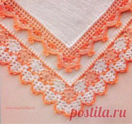 42 образца вязаного кружева со схемами для отделки края изделия