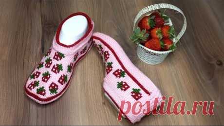 Тапочки "Клубнички".🍓🍓🍓тунисское вязание+спицы