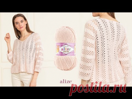 Вязаная блуза в крупную сетку с Alize Cotton Gold
