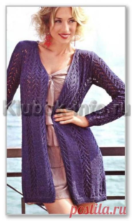 Вязание спицами. Женские модели. Удлиненный летний ажурный жакет с длинными рукавами. Размеры: 40/42 (44-46-48)