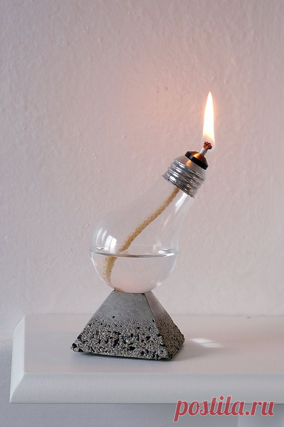(1) Handmade Home Decor Light Bulb Oil Lamp on Pyramid natural concrete and Black Rock Base, Aluminum top bulb (12-005) | My