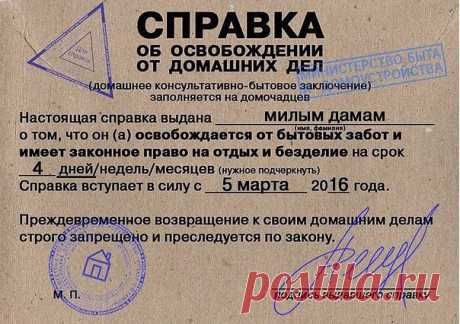 Справка об освобождении от домашних дел. 8 марта!!!  )))