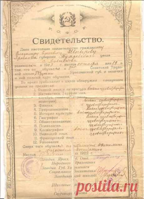 Свидетельство 1922 г. Шныров Владимир Сергеевич
