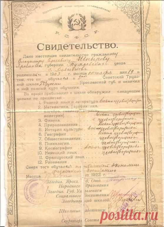 Свидетельство 1922 г. Шныров Владимир Сергеевич
