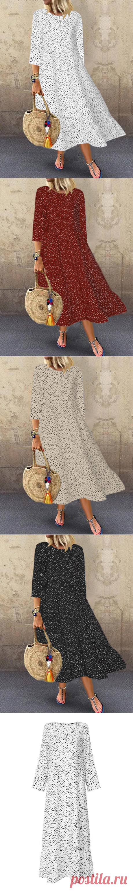 womens 3/4 sleeve o neck print casual loose maxi dress at Banggood